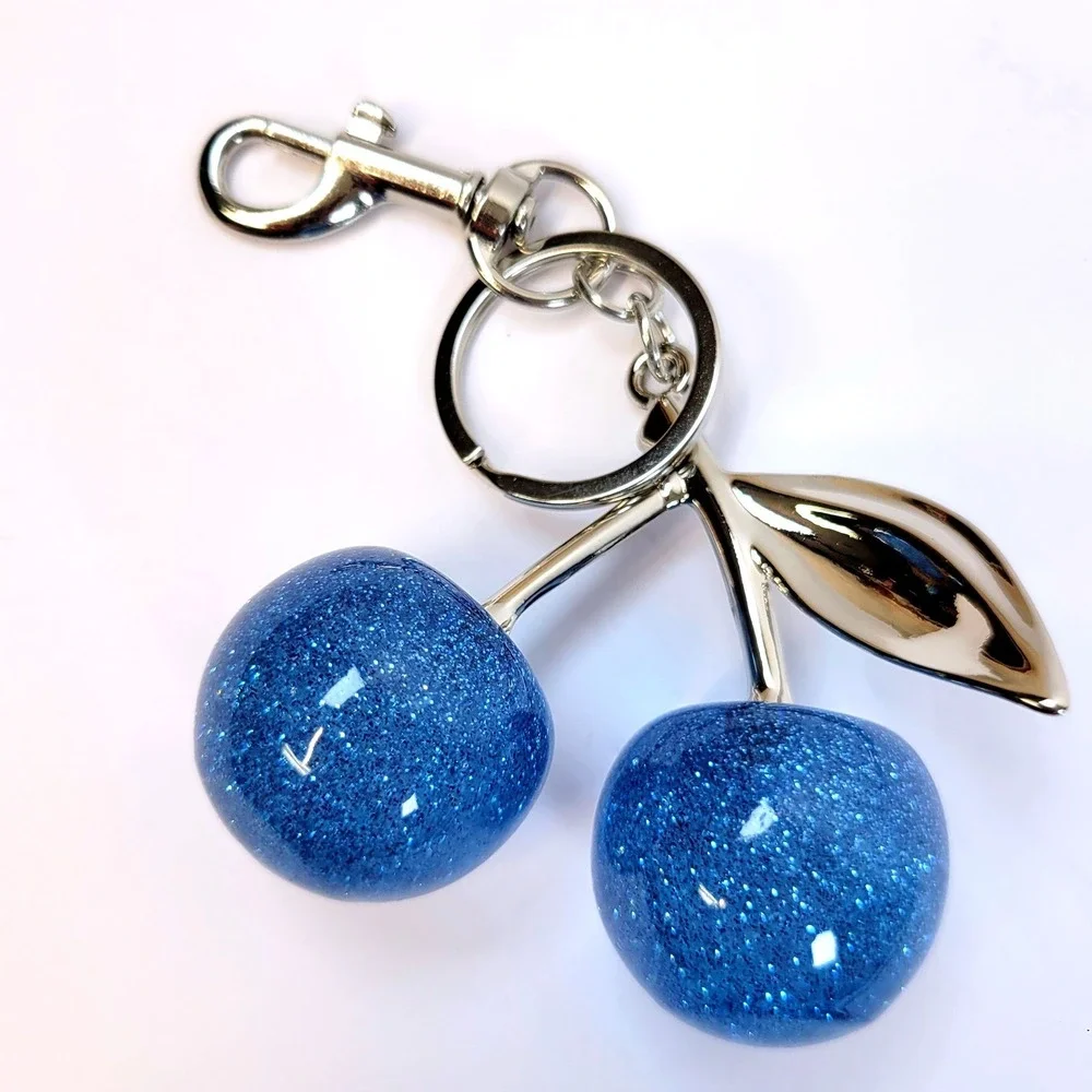 Bag Charm Keychain Glitter Resin Double Cherry Blue Women Retro Whimsical
